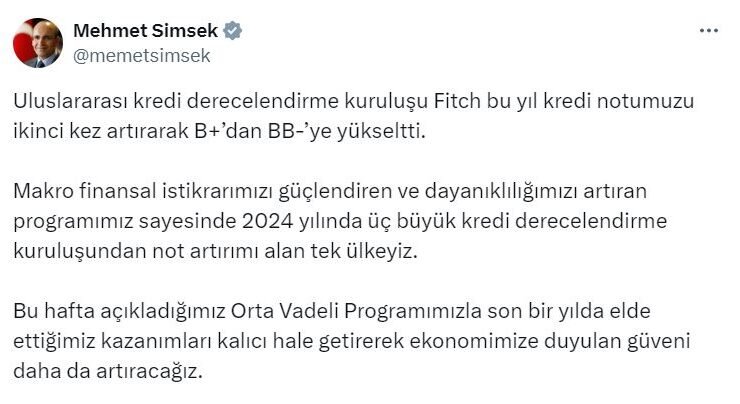 Bakan Şimşek: Üç büyük kredi derecelendirme kuruluşundan not artırımı alan tek ülkeyiz