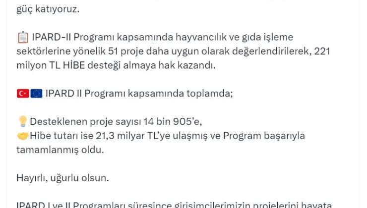 IPARD II Programı kapsamında verilen hibe tutarı 21,3 milyar liraya ulaştı