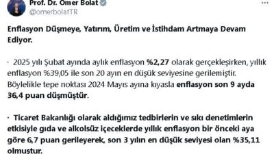 Gizem ÇORLU/ANKARA, – TİCARET Bakanı Ömer Bolat, “Yıllık enflasyon yüzde