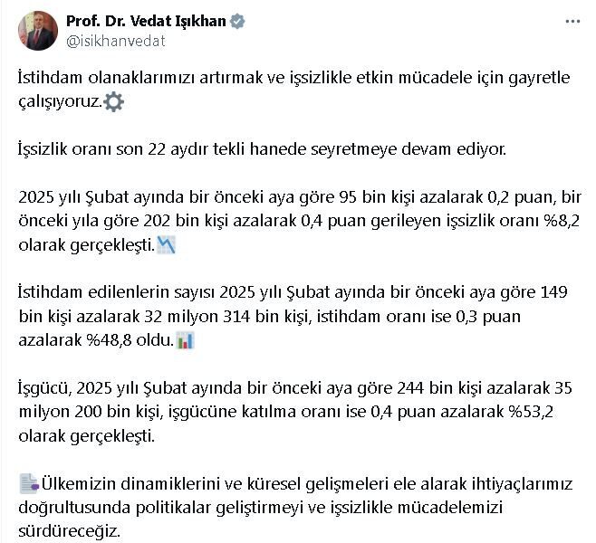 ANKARA, – ÇALIŞMA ve Sosyal Güvenlik Bakanı Vedat Işıkhan, “İstihdam