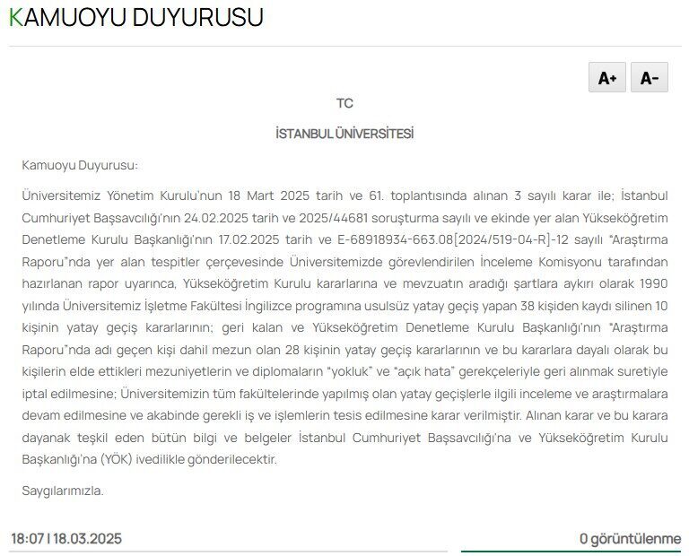 İSTANBUL, – İSTANBUL Üniversitesi, diploma soruşturmasına ilişkin açıklama yaptı. Açıklamada,