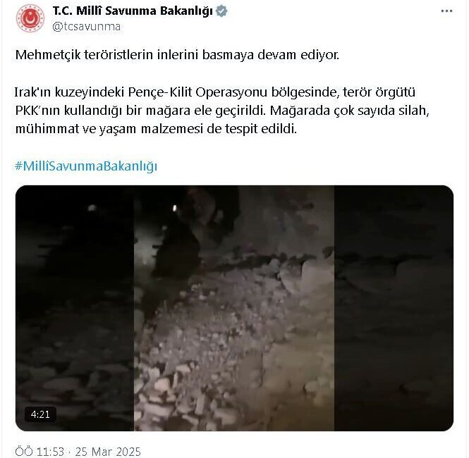 ANKARA, – MİLLİ Savunma Bakanlığı (MSB), Irak’ın kuzeyindeki Pençe-Kilit Operasyonu