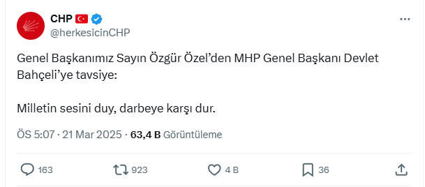 ÖZEL’DEN BAHÇELİ’YE: MİLLETİN SESİNİ DUY MHP’nin paylaşımı sonrası CHP’den de