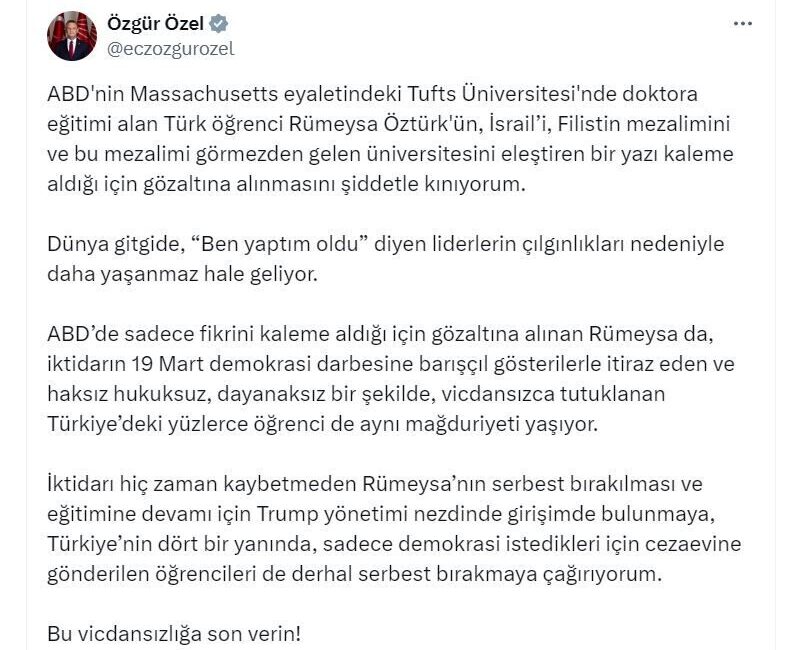 ANKARA, – CHP Genel Başkanı Özgür Özel, “ABD’nin Massachusetts eyaletindeki