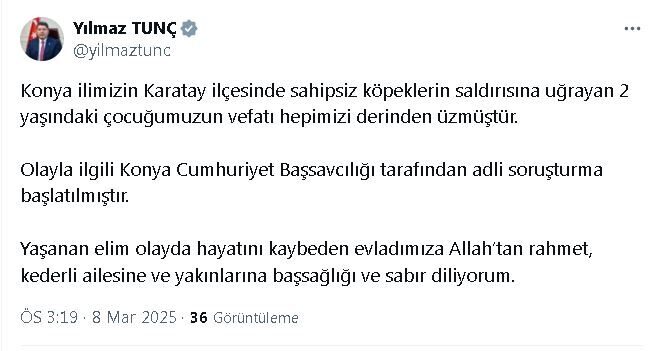 BAKAN TUNÇ’TAN AÇIKLAMA Adalet Bakanı Yılmaz Tunç, sosyal medya hesabından