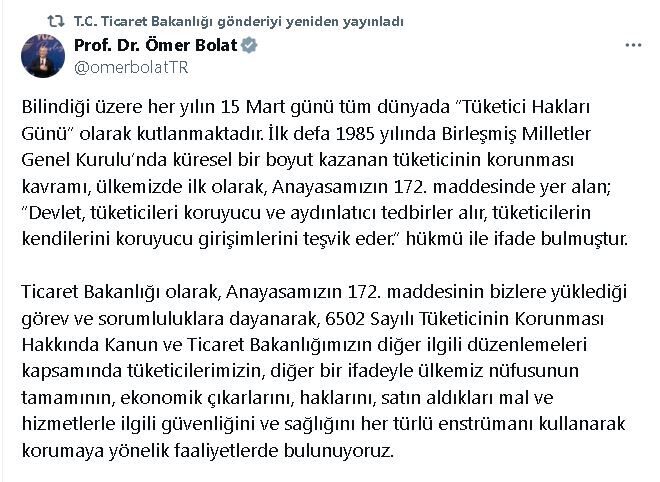 ANKARA, -TİCARET Bakanı Ömer Bolat, tüketicilerin taraf olduğu sözleşmelere ilişkin
